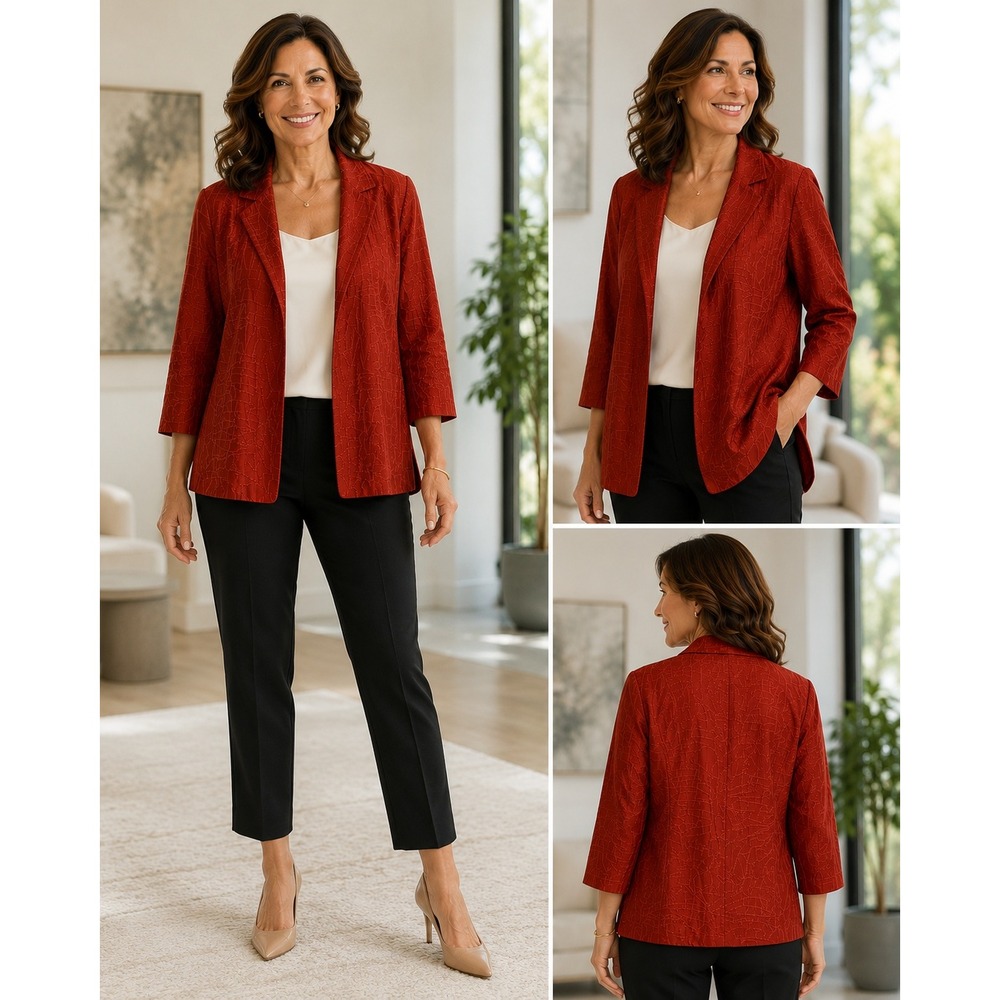 Chicos Red 100% Silk Embroidered Open Front Topper Jacket Size 2 Large Notched